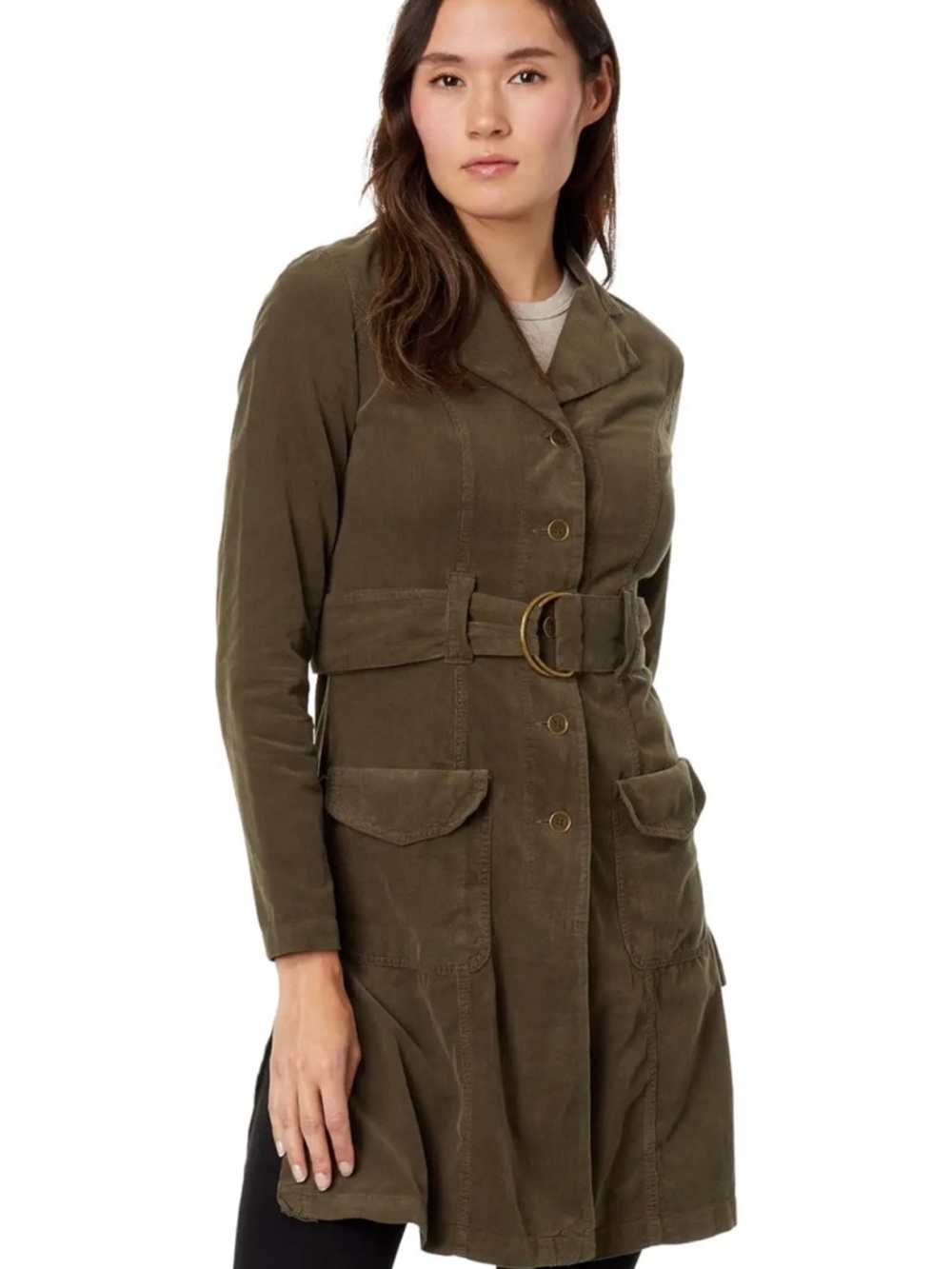 Wearables Cord Belted Trench Jacket Cotton Patch Pockets Boxwood Green Lagenlook